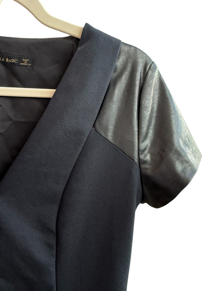 ReTrend black Zara bi-material dress with V-neck and faux leather sleeves, size M.