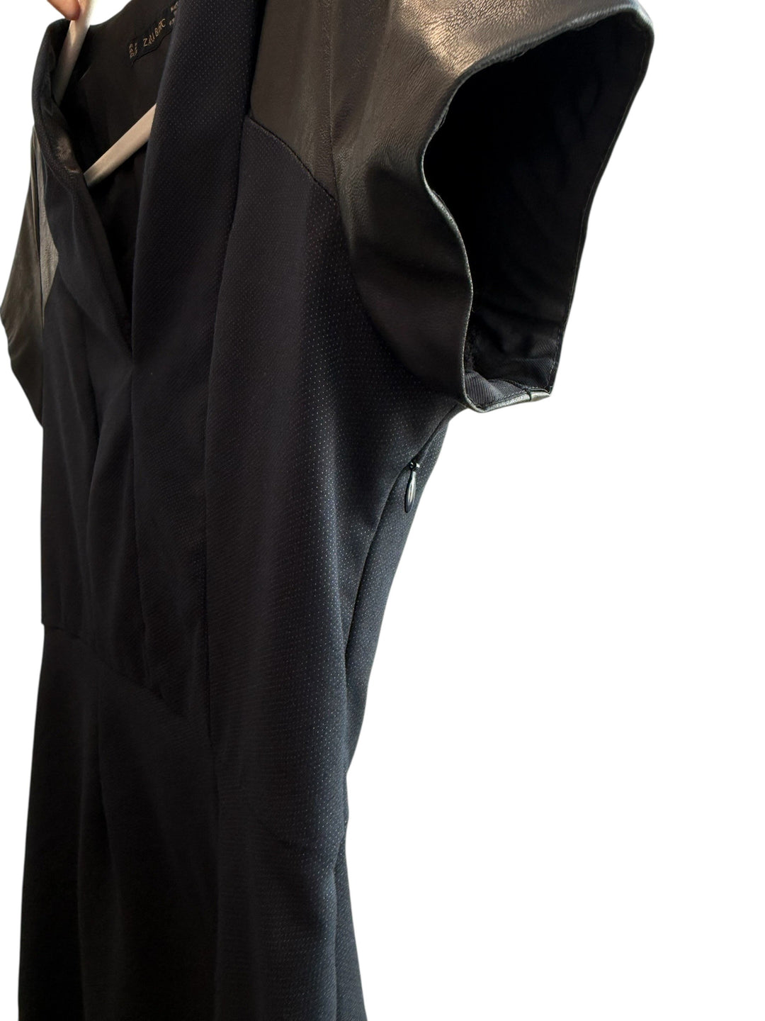 ReTrend black Zara dress size M, V-neck, short sleeves with faux leather detail, side zip, chic and structured.