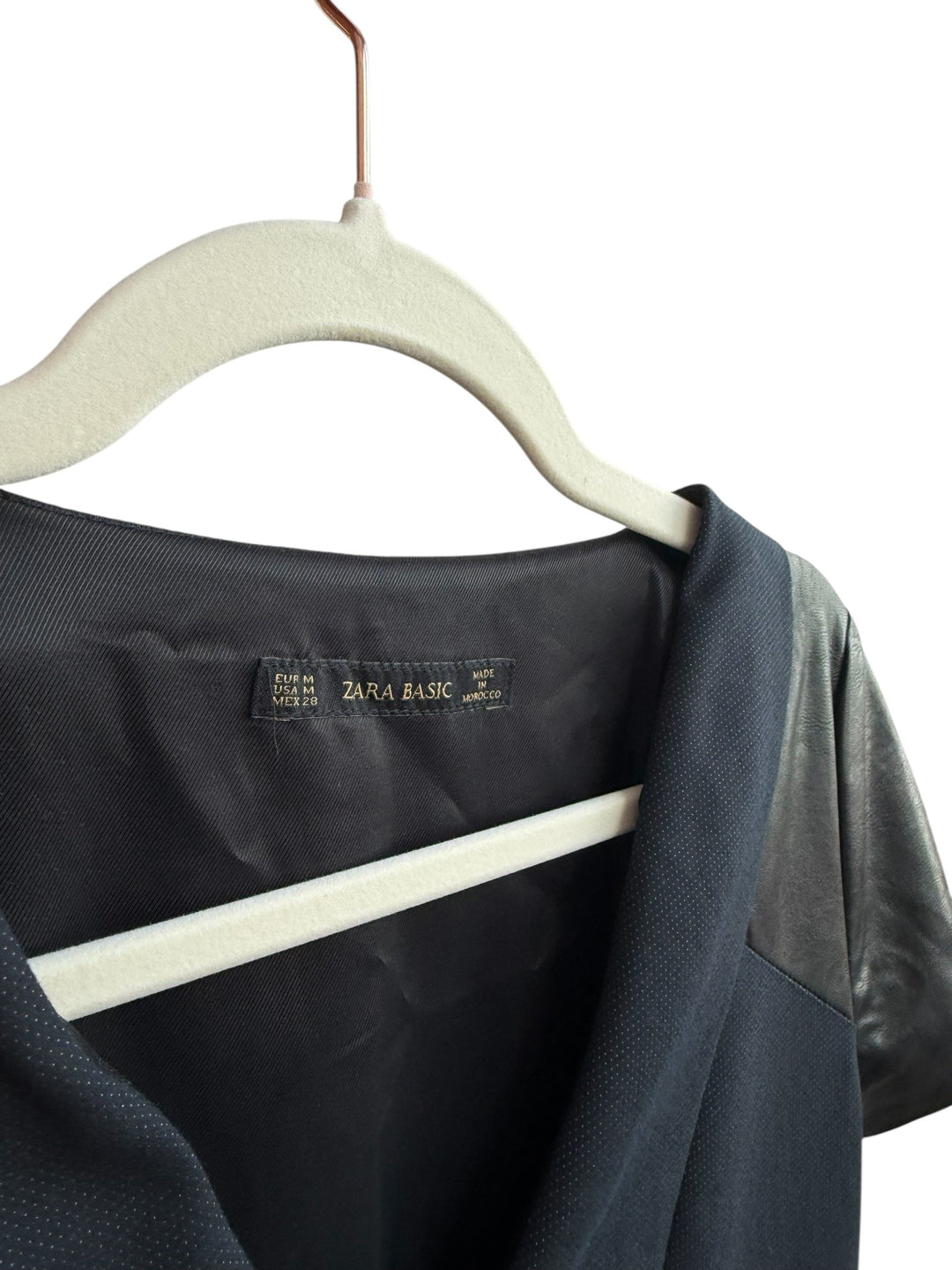 ReTrend black Zara bi-material dress with V-neck and faux leather sleeves, size M.