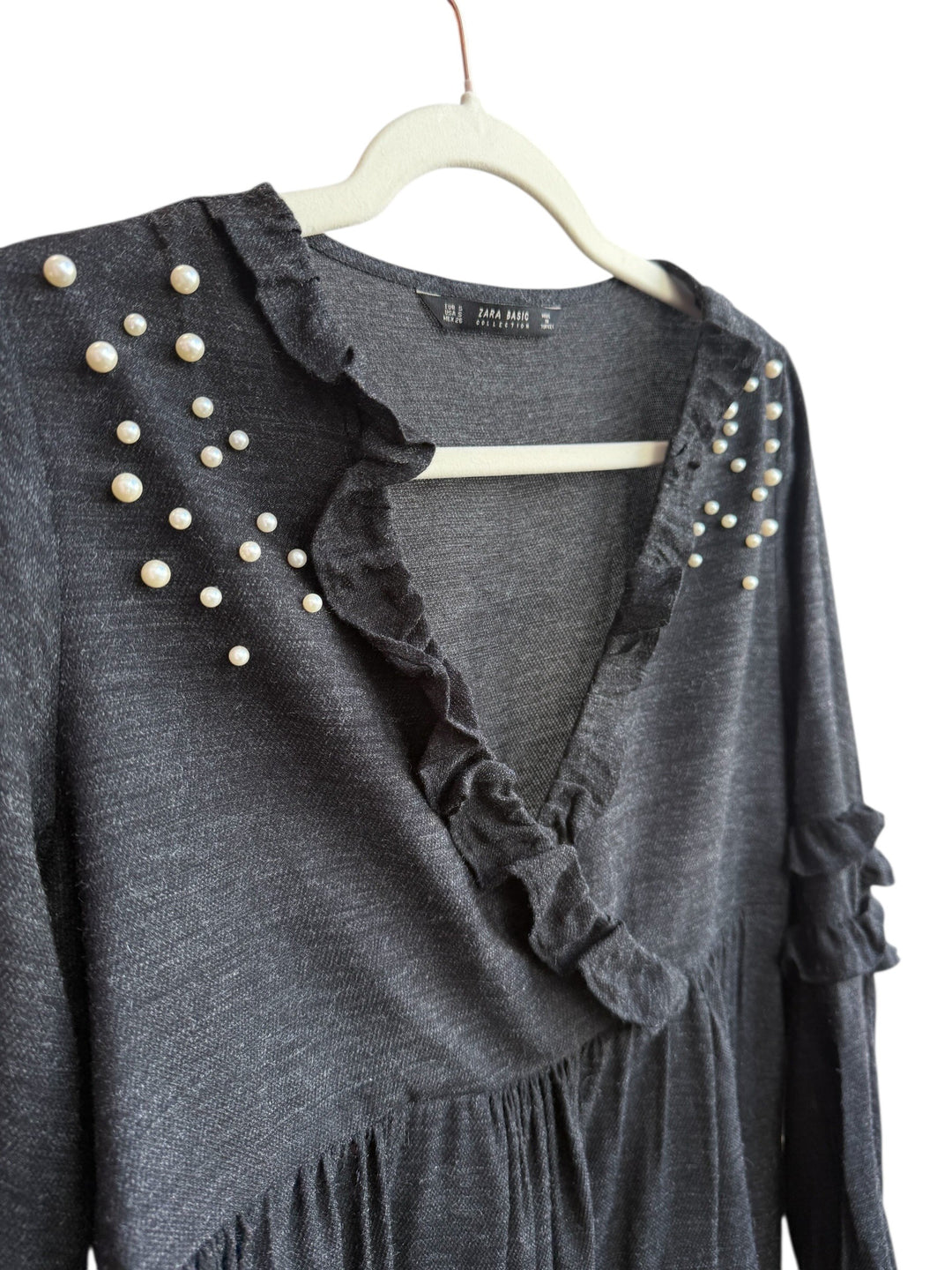 ReTrend black Zara dress, size S, with ruffled neckline, pearl details on shoulders, and flowing cut.