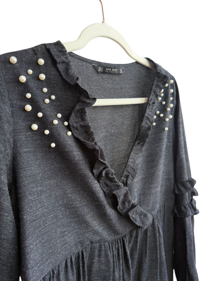 ReTrend black Zara dress, size S, with ruffled neckline, pearl details on shoulders, and flowing cut.