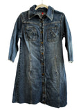 Retrend blue denim dress with snap buttons, chest pockets, 3/4 sleeves, and frayed hem. Size 38.