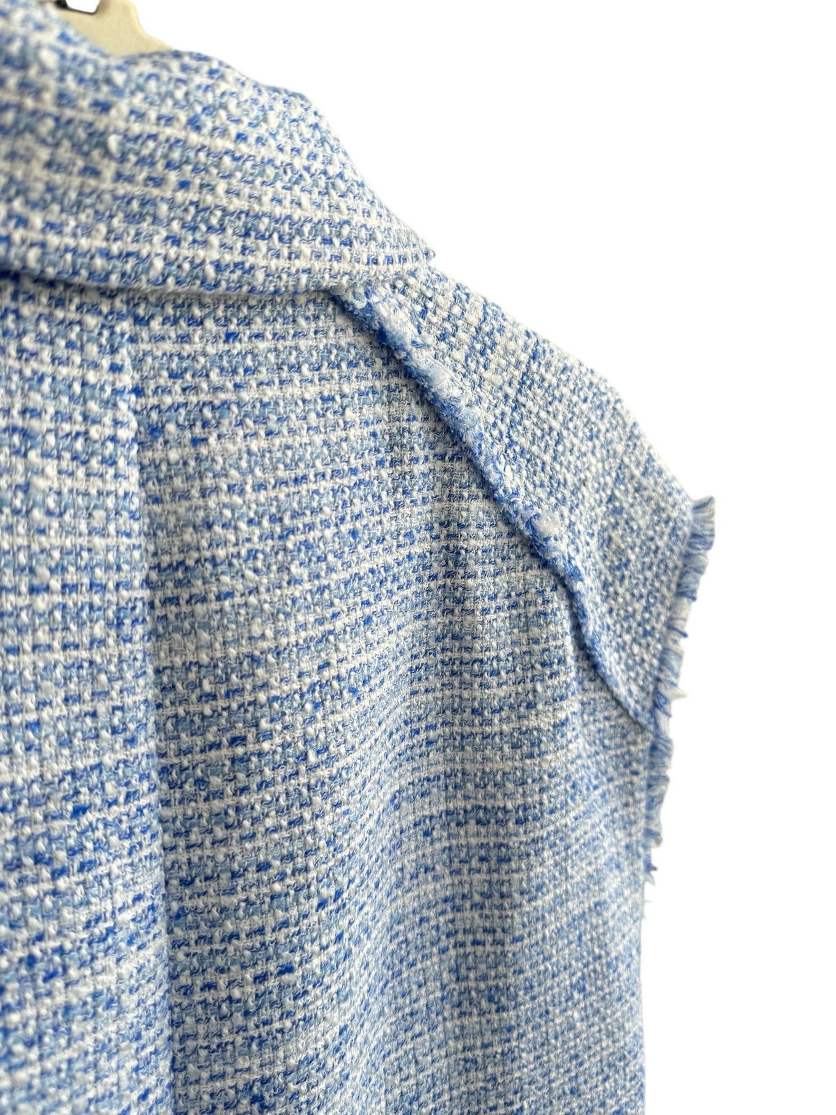 Retrend light blue tweed sleeveless blazer with gold buttons and frayed hem, size M.