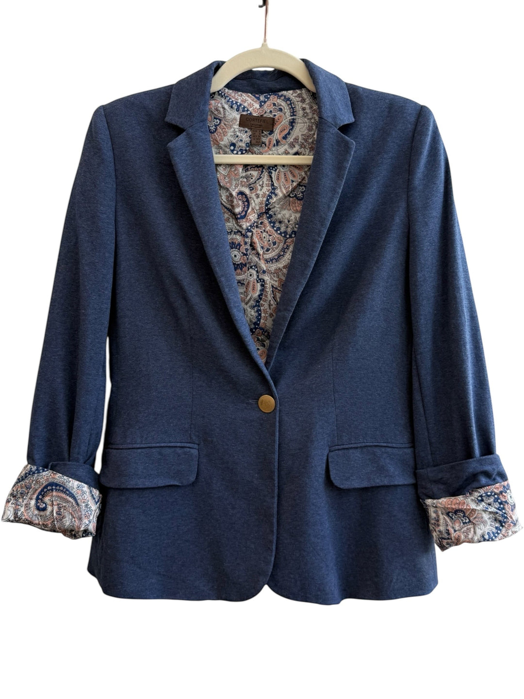 ReTrend blue viscose-blend blazer with tailored collar, single button closure, and paisley print lining. Size S.