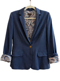 ReTrend blue viscose-blend blazer with tailored collar, single button closure, and paisley print lining. Size S.