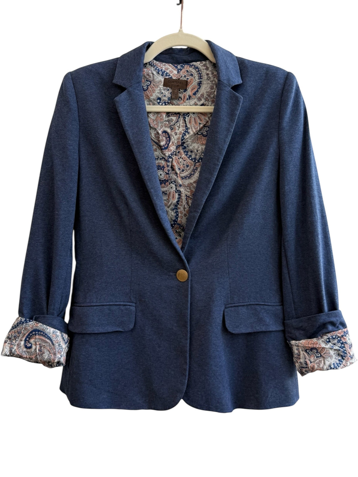 ReTrend blue viscose-blend blazer with tailored collar, single button closure, and paisley print lining. Size S.
