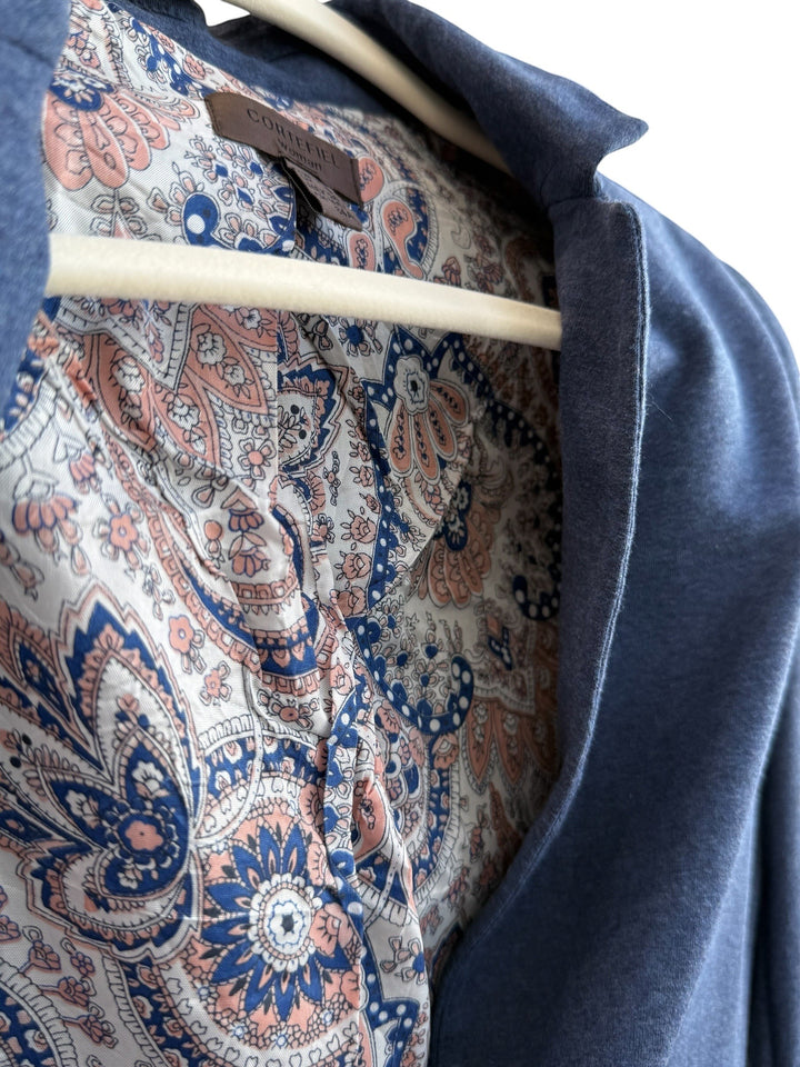 ReTrend blue viscose-blend blazer with a short cut, tailored collar, and a vibrant paisley print lining.