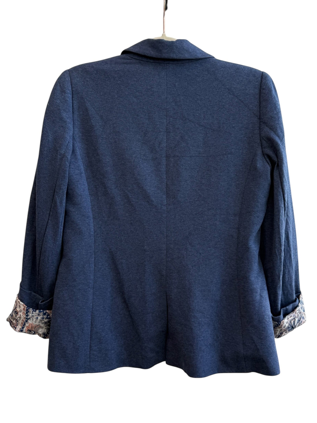 ReTrend blue viscose blend blazer with lapel collar, button closure, and patterned cuffs. Size S.