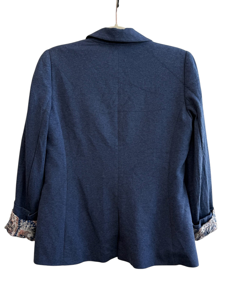 ReTrend blue viscose blend blazer with lapel collar, button closure, and patterned cuffs. Size S.