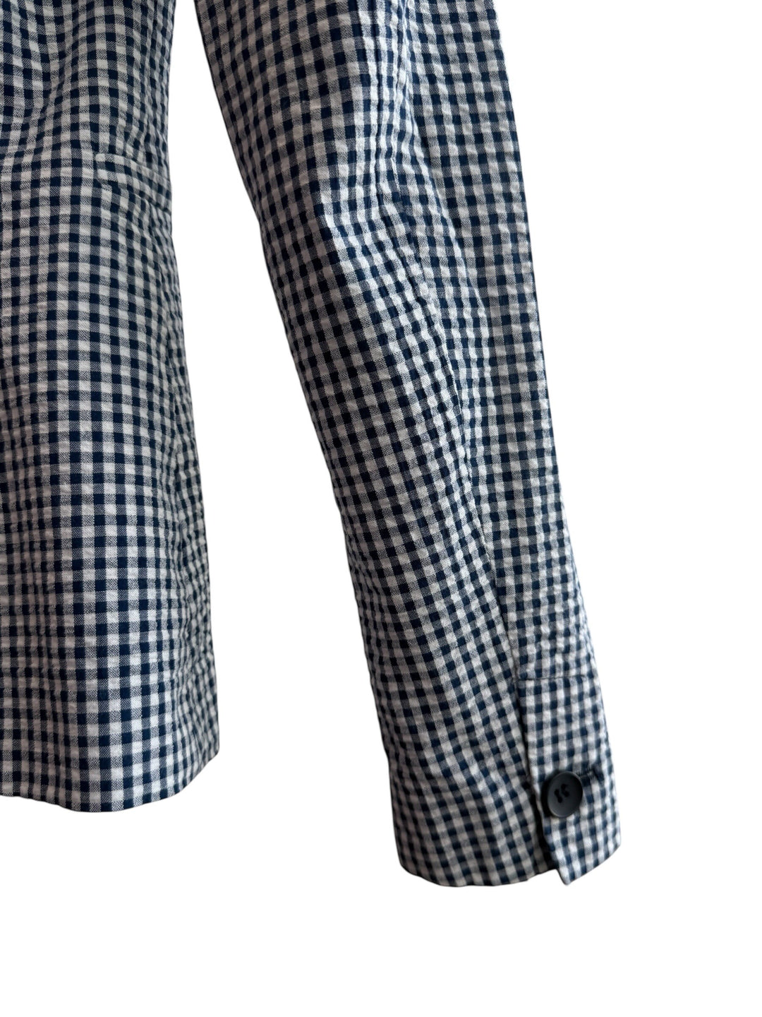 ReTrend blue and white gingham fitted blazer with single button closure and tailored collar.
