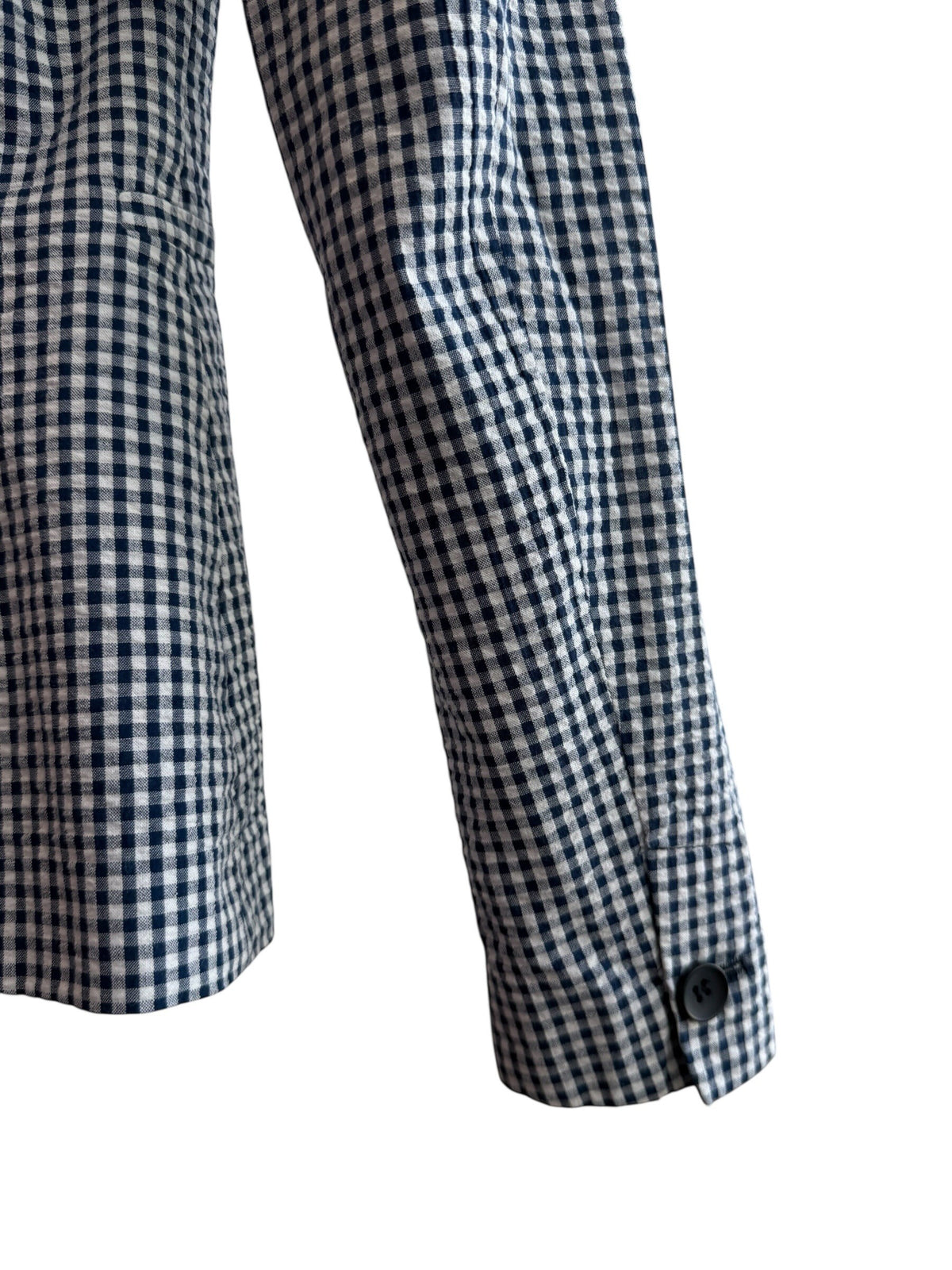 ReTrend blue and white gingham fitted blazer with single button closure and tailored collar.