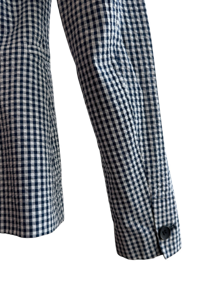 ReTrend blue and white gingham fitted blazer with single button closure and tailored collar.