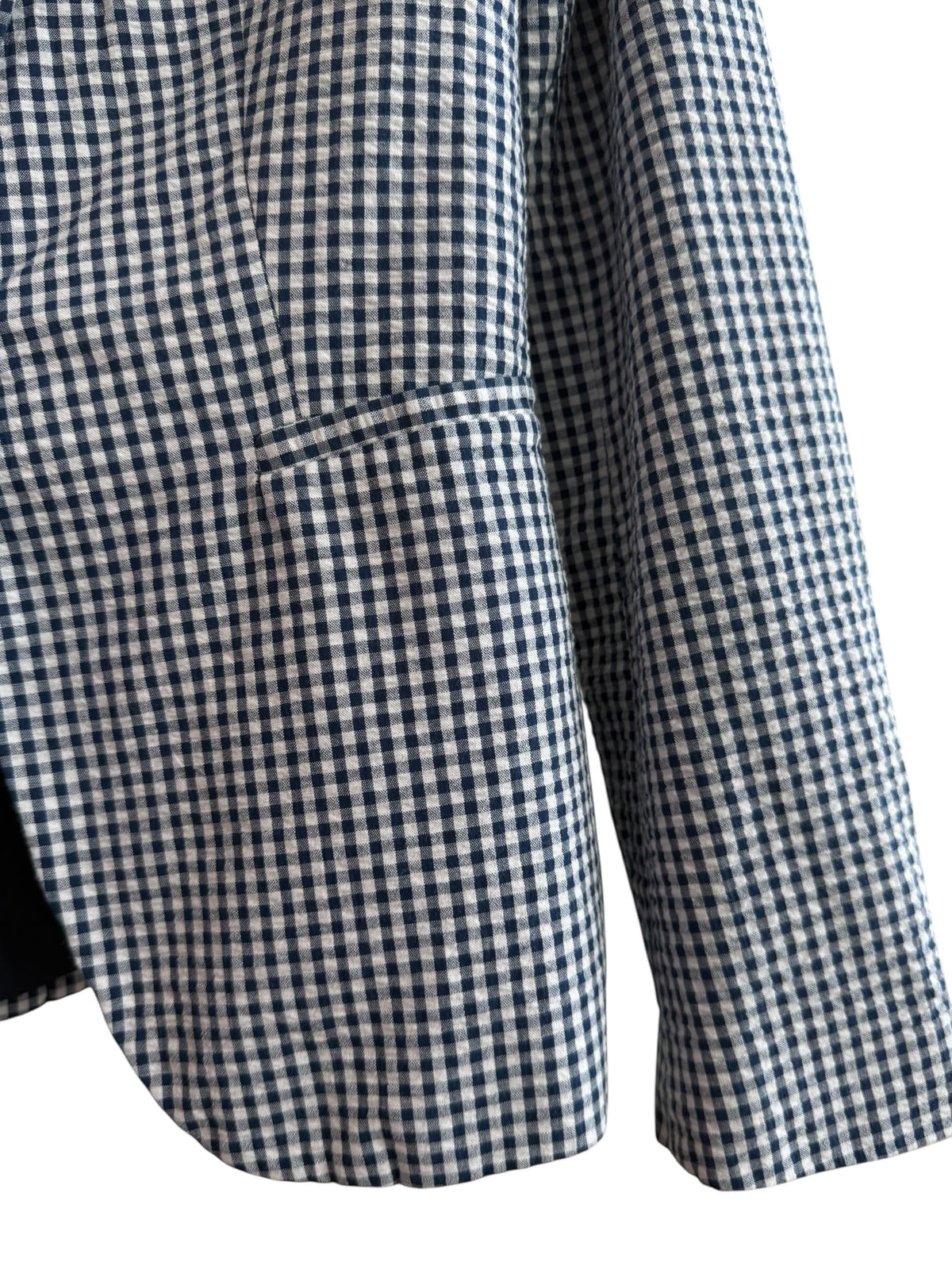ReTrend blue and white gingham fitted blazer with a single button closure and tailored collar.