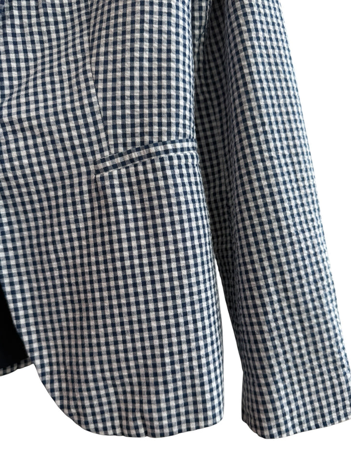 ReTrend blue and white gingham fitted blazer with a single button closure and tailored collar.