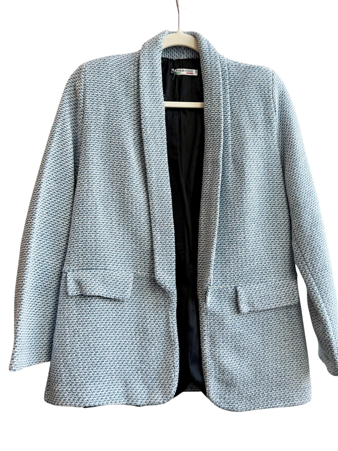 ReTrend blue and white textured blazer, size S, with shawl collar and flap pockets. Made in Italy.