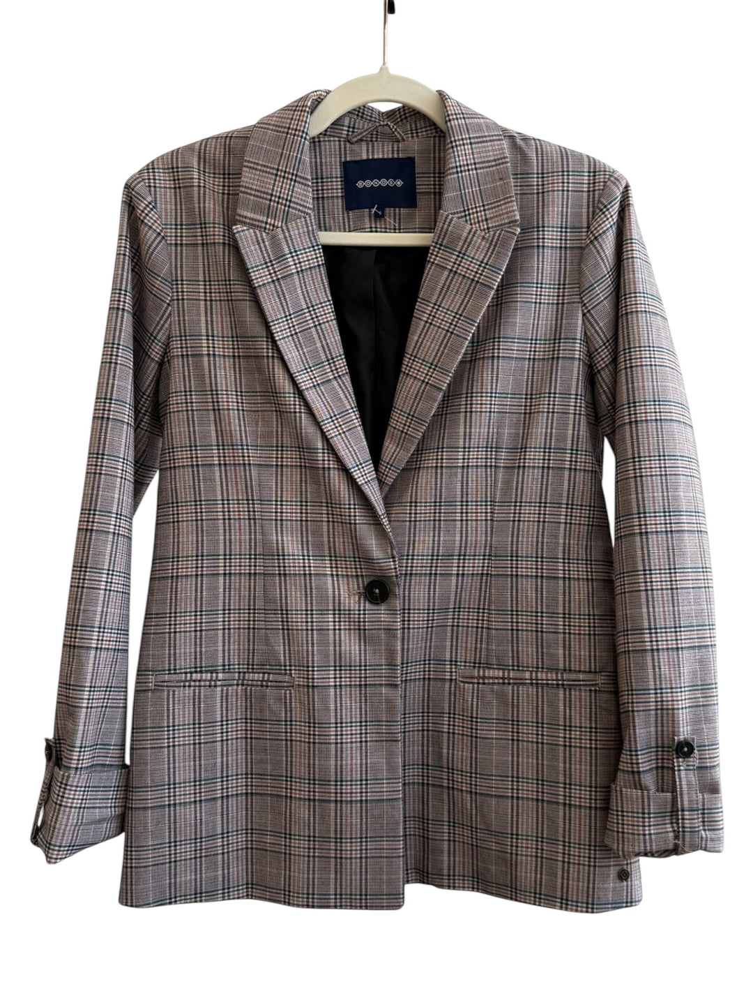 ReTrend Bonobo grey plaid blazer with black button and roll-up sleeves, size S.