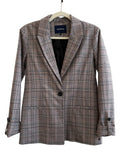 ReTrend Bonobo grey plaid blazer with black button and roll-up sleeves, size S.