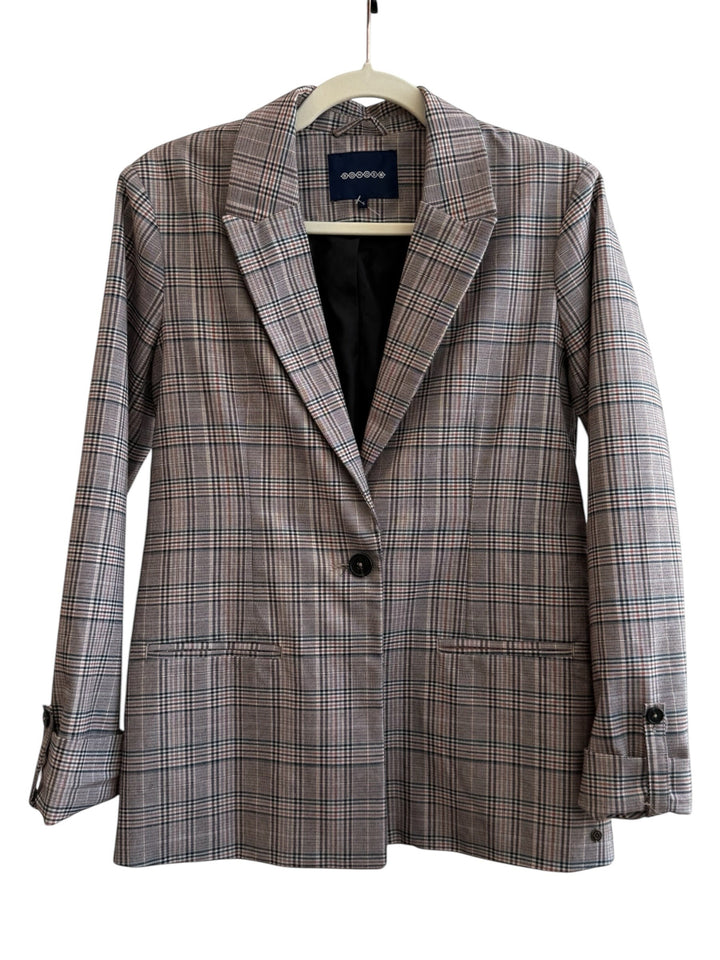 ReTrend Bonobo grey plaid blazer with black button and roll-up sleeves, size S.