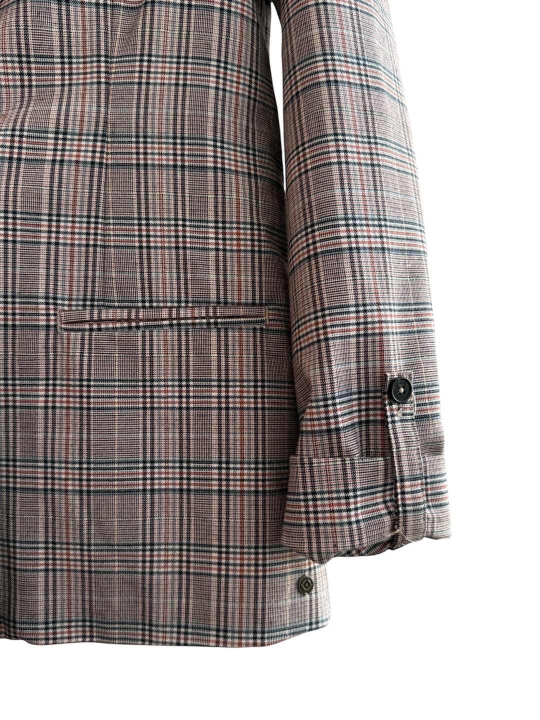 ReTrend Bonobo plaid blazer with roll-up sleeves and button closure, size S. Features a classic check pattern.