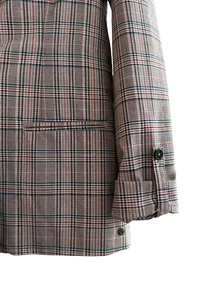 ReTrend Bonobo plaid blazer with roll-up sleeves and button closure, size S. Features a classic check pattern.