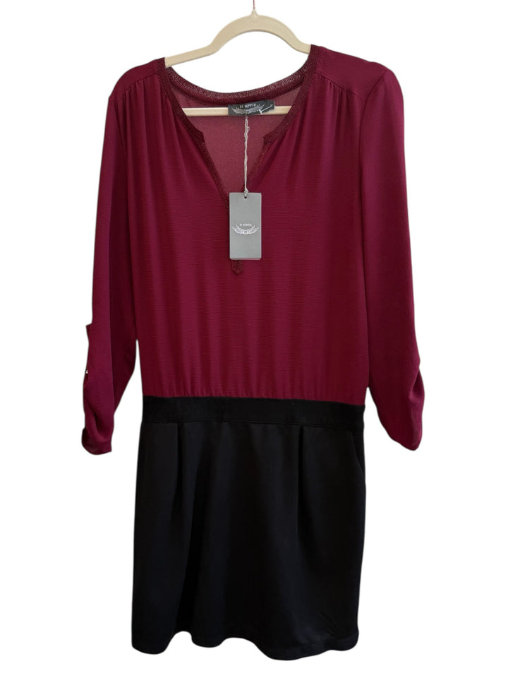 ReTrend bordeaux and black two-tone midi dress with V-neck, long sleeves, and elasticated waist. Size S.