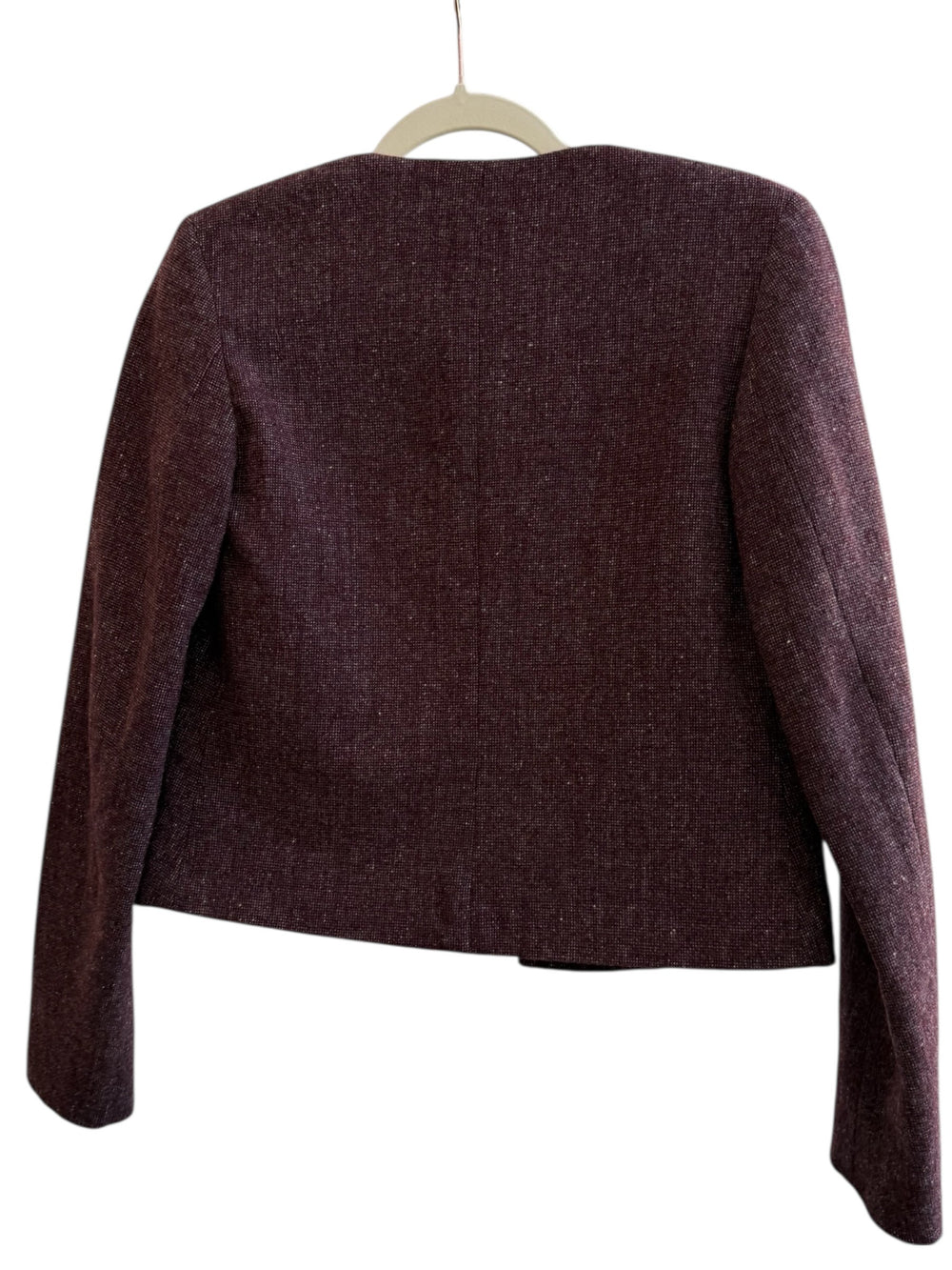 ReTrend Camaïeu bordeaux textured blazer, size 36. Elegant, straight-cut, round-neck jacket with faux leather pocket trim.