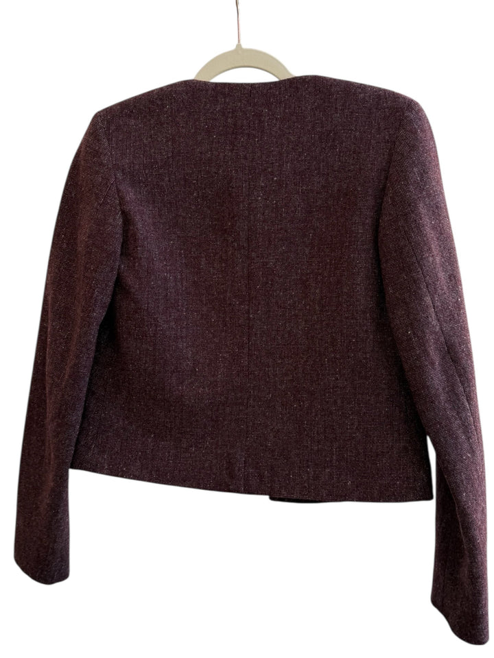 ReTrend Camaïeu bordeaux textured blazer, size 36. Elegant, straight-cut, round-neck jacket with faux leather pocket trim.