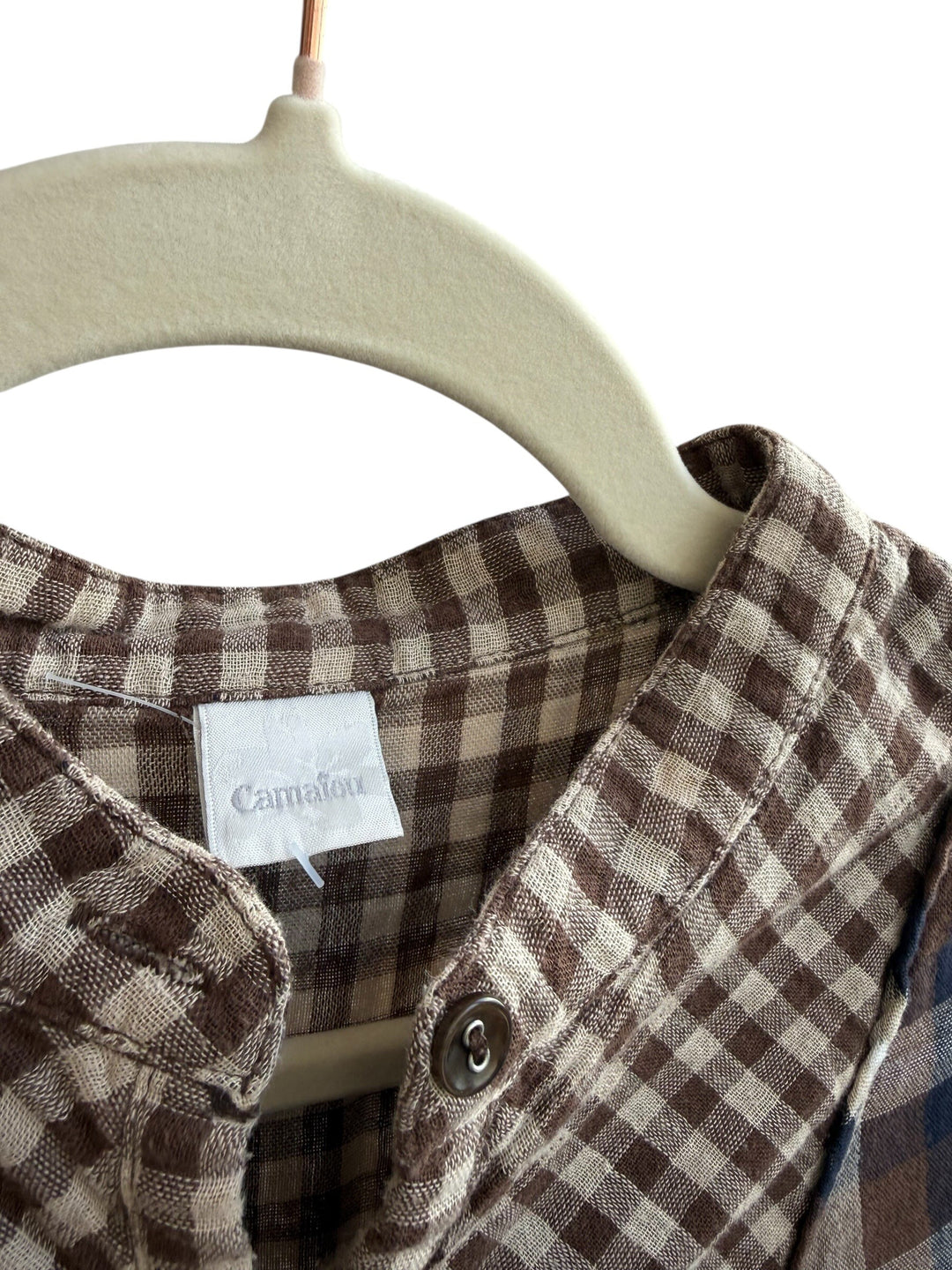 Retrend brown and beige checkered linen blend dress, size L, with vichy collar and cuffs, boho chic style.