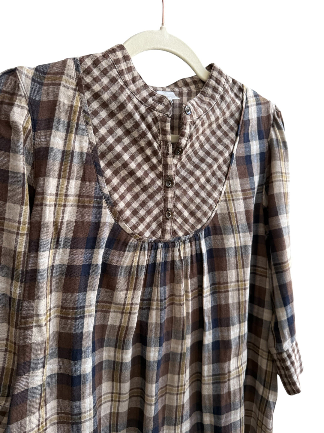 Retrend brown and beige plaid dress with gingham collar and cuffs, size L. Bohemian, retro style.