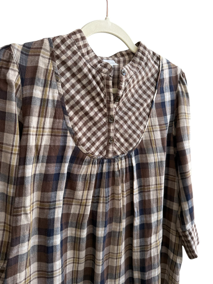 Retrend brown and beige plaid dress with gingham collar and cuffs, size L. Bohemian, retro style.