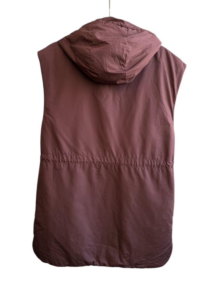 ReTrend brown sleeveless hooded puffer vest with drawstring waist and zip/snap closure. Size XS.