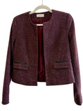 Retrend Camaïeu burgundy textured blazer, size 36, with round neck and faux leather pocket details.