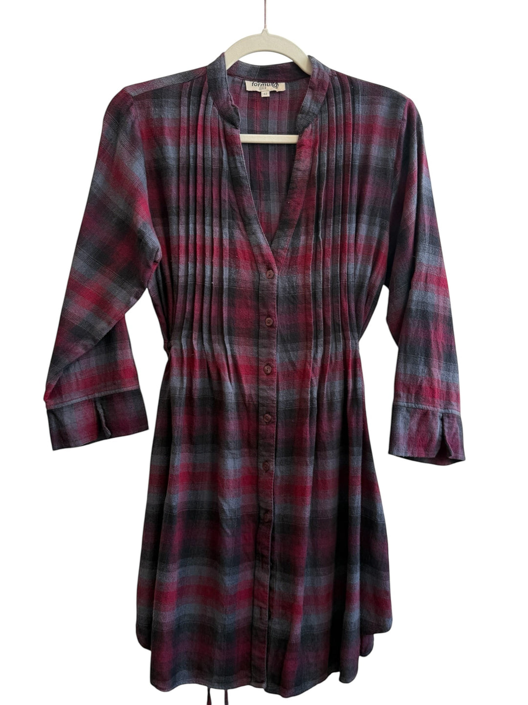 ReTrend Formula Joven burgundy and grey plaid shirt dress with pleats and button front, size 38.