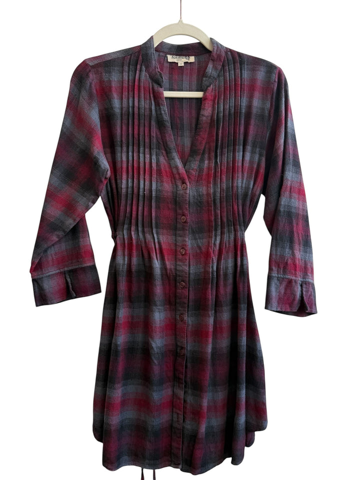 ReTrend Formula Joven burgundy and grey plaid shirt dress with pleats and button front, size 38.