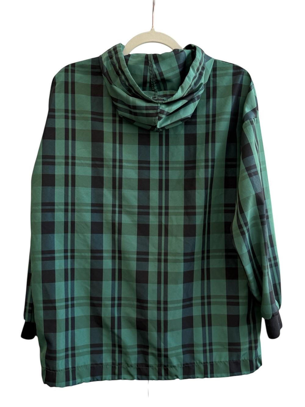 ReTrend green and black plaid lightweight jacket with hood, zip closure, and elastic cuffs. Size S.