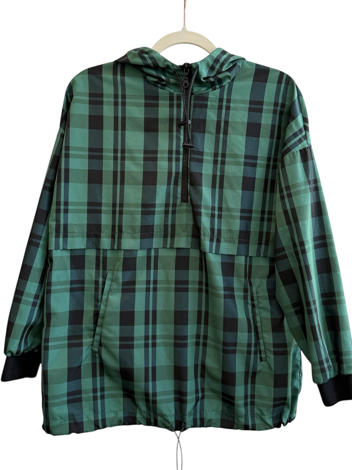 ReTrend green and black plaid lightweight jacket with hood, zip closure, and pockets. Size S.