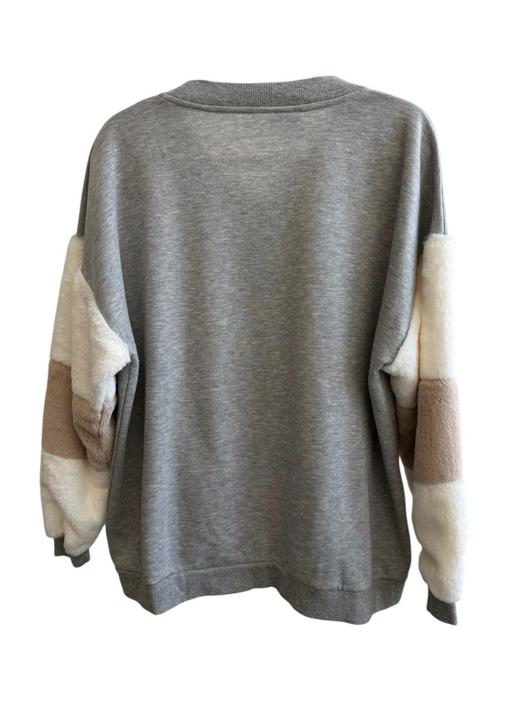 Retrend grey sweatshirt with contrasting faux fur sleeves in cream and tan, size S/M. Features zip closure and pockets.
