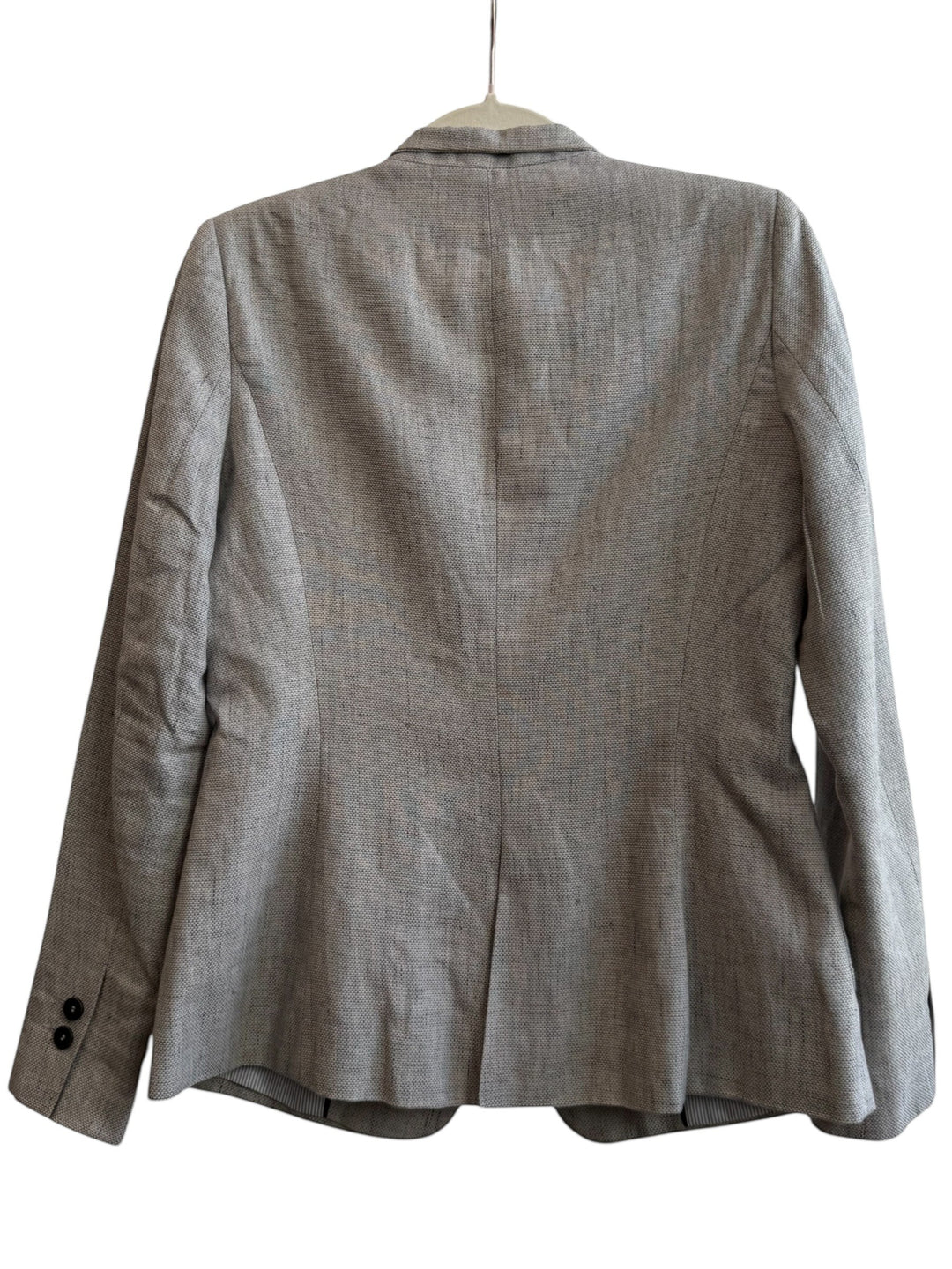 ReTrend grey marl blazer, size 36, with tailored collar and single button closure. Features include pockets and striped lining.