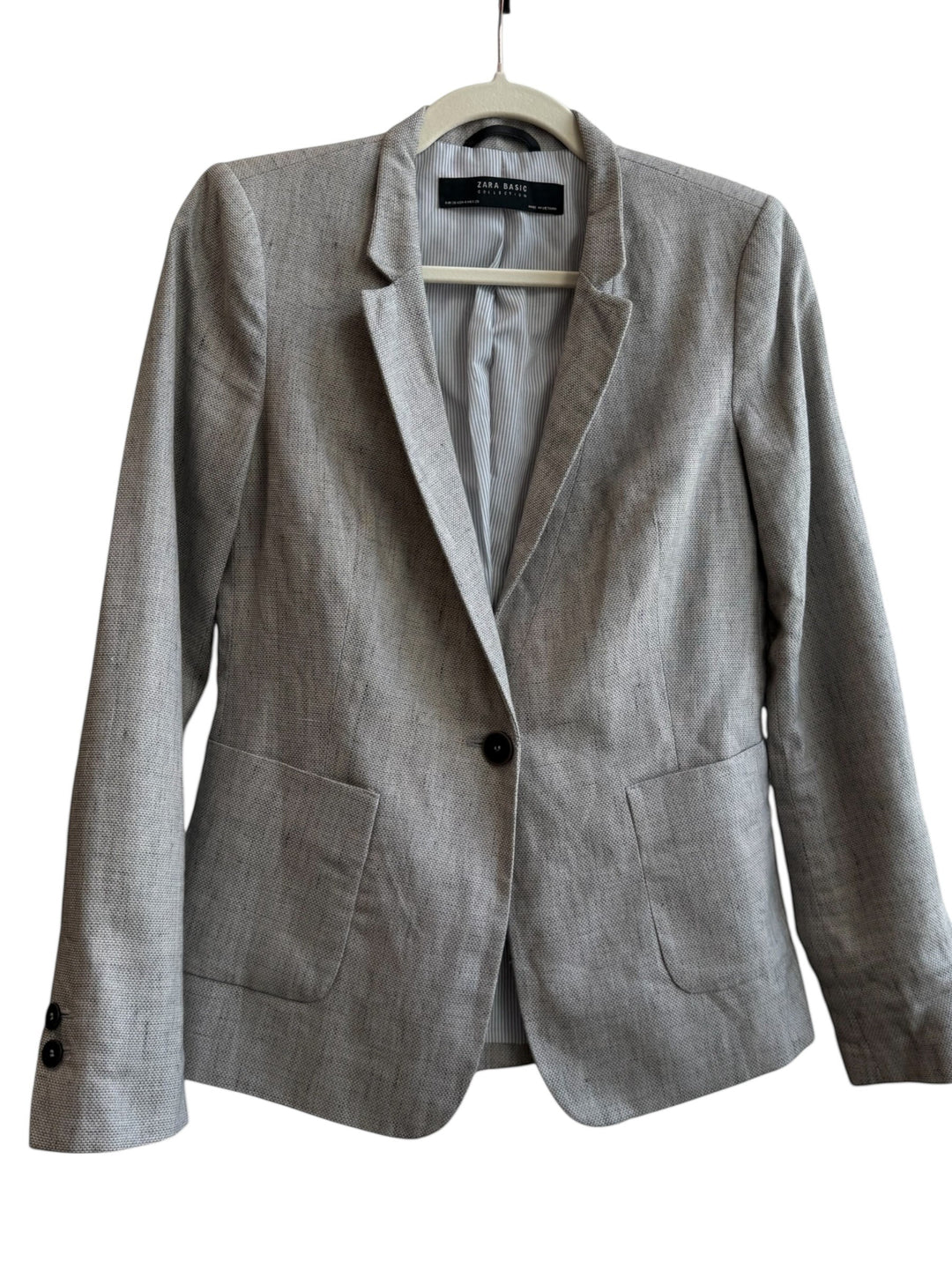 ReTrend grey marl textured blazer, size 36, with a single button closure, tailored collar, and striped lining.