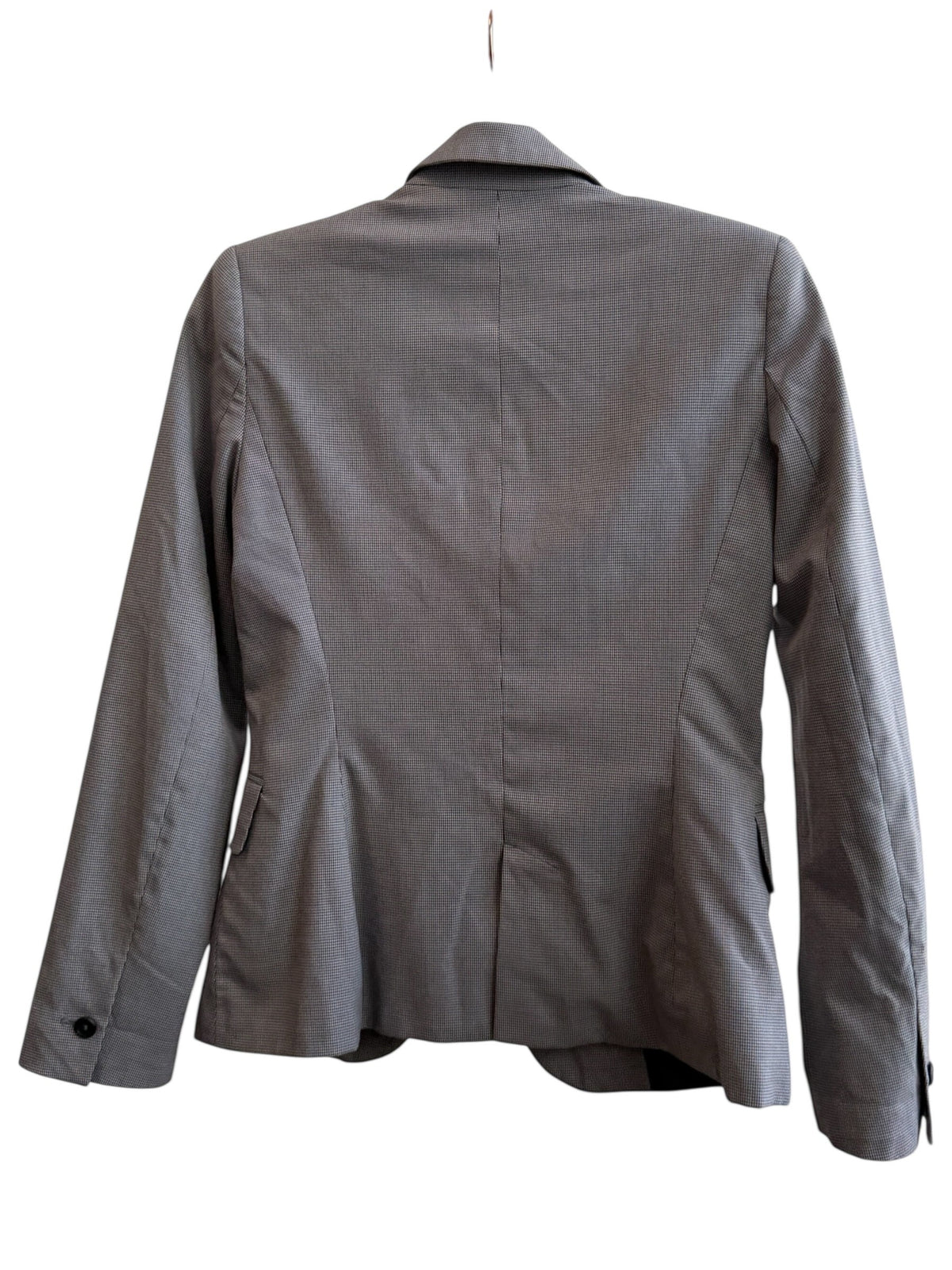 ReTrend grey micro-patterned fitted blazer with a single button, tailored collar, and flap pockets. Size 34.