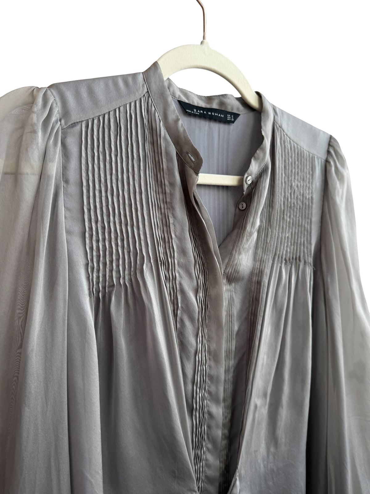 ReTrend grey Zara Woman silk blouse with fluid fit, pleated details, and tie-front. Size M.