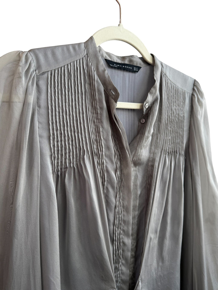 ReTrend grey Zara Woman silk blouse with fluid fit, pleated details, and tie-front. Size M.