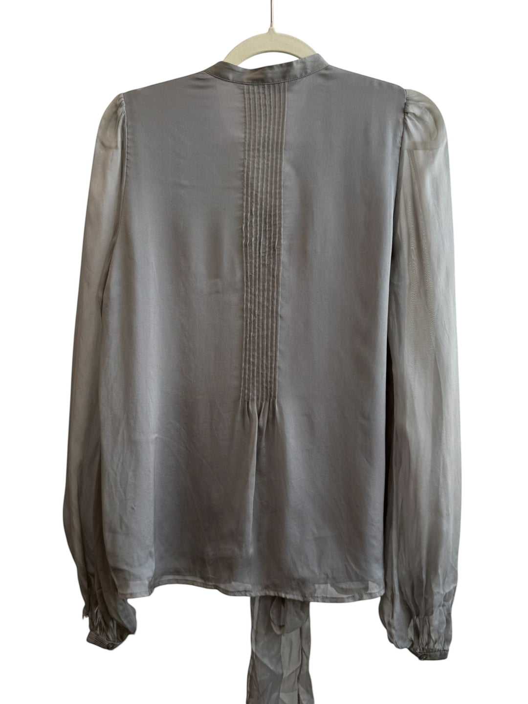 ReTrend grey silk blouse with fluid cut, pleated details, and tie-front. Size M.