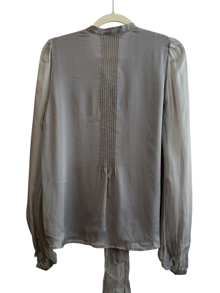 ReTrend grey silk blouse with fluid cut, pleated details, and tie-front. Size M.