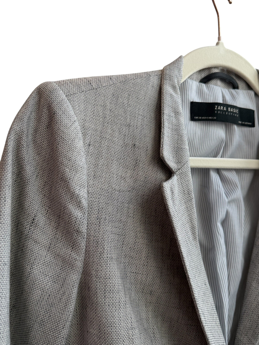 ReTrend grey marl textured blazer with tailored collar and single button closure, size 36.