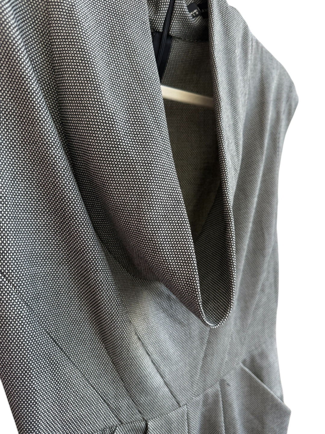 ReTrend grey textured micro-patterned dress with draped neckline, sleeveless, fitted waist, and pockets. Size S.