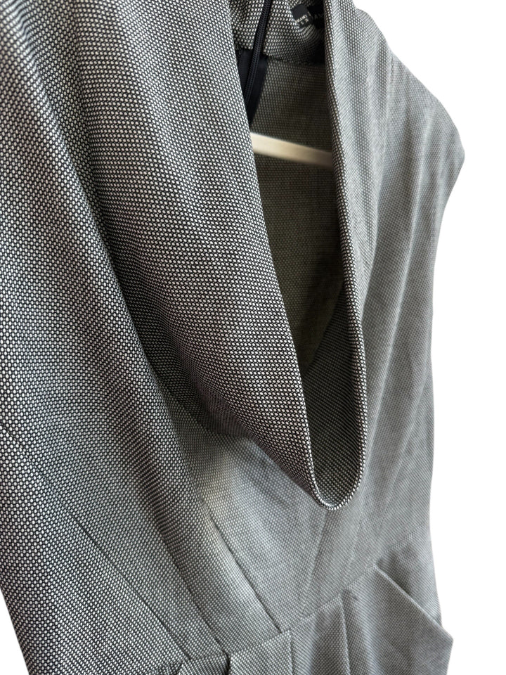 ReTrend grey textured micro-patterned dress with draped neckline, sleeveless, fitted waist, and pockets. Size S.