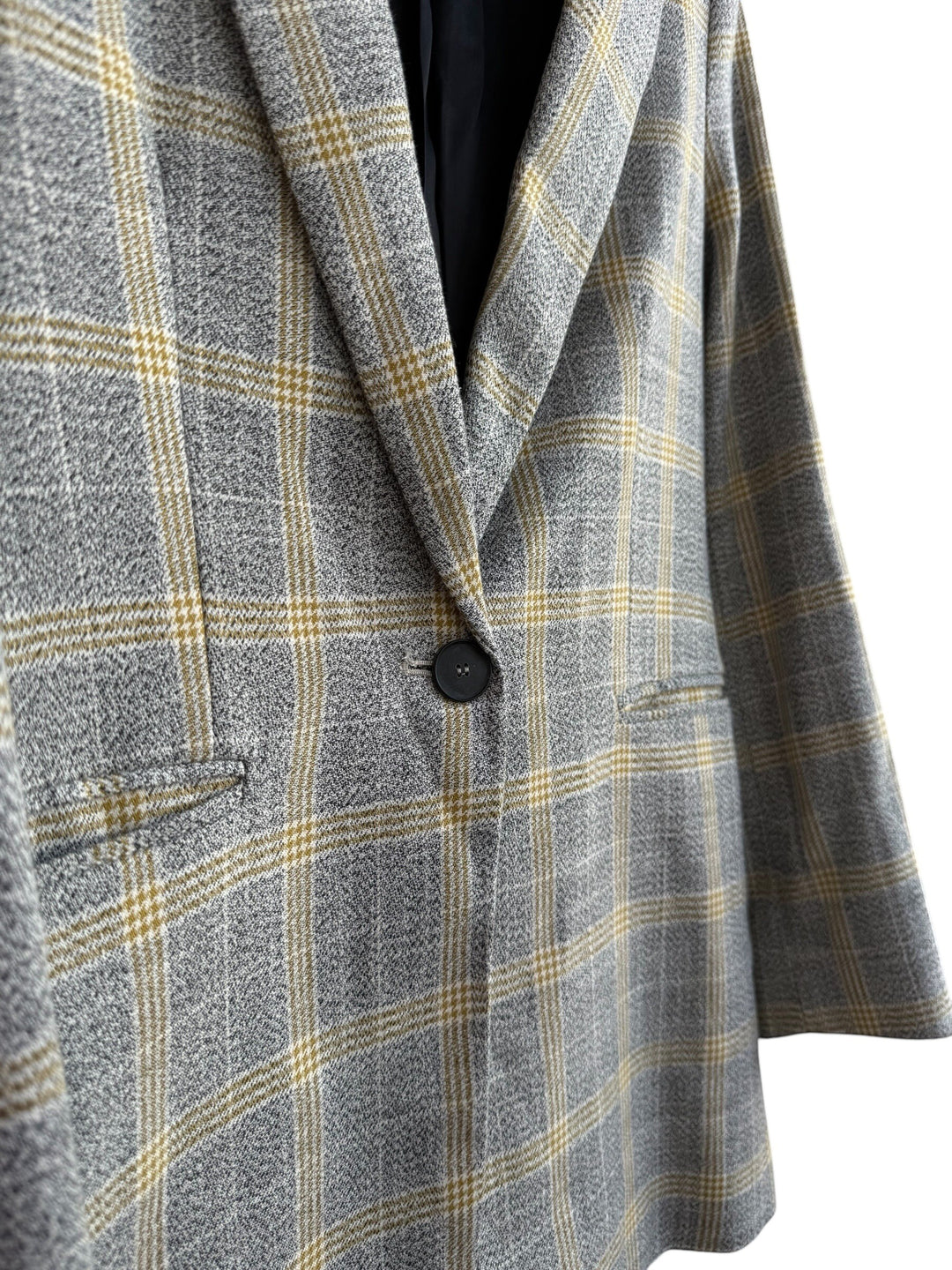 ReTrend grey and yellow plaid structured blazer with a single button closure and tailored collar. Size 36.