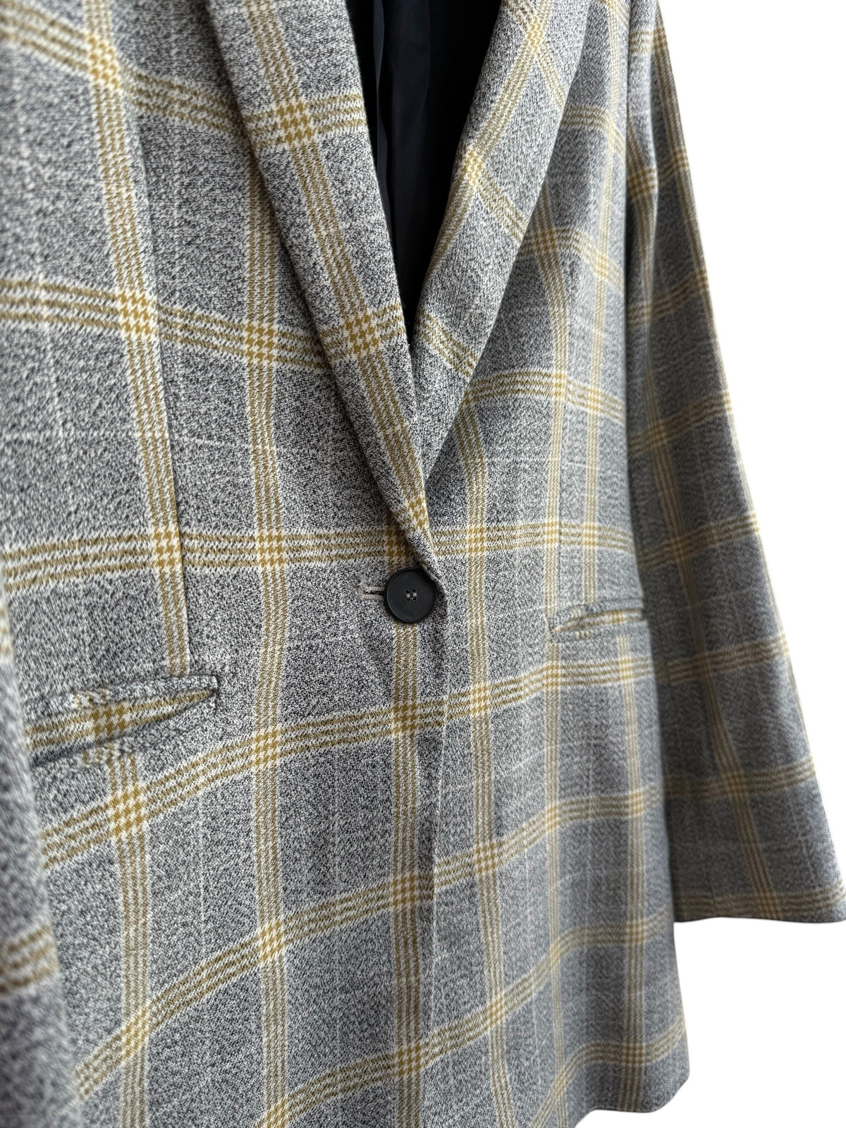 ReTrend grey and yellow plaid structured blazer with a single button closure and tailored collar. Size 36.