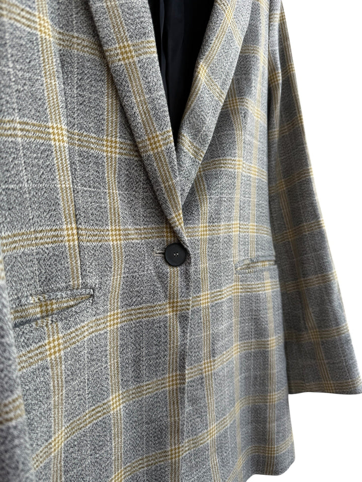 ReTrend grey and yellow plaid structured blazer with a single button closure and tailored collar. Size 36.